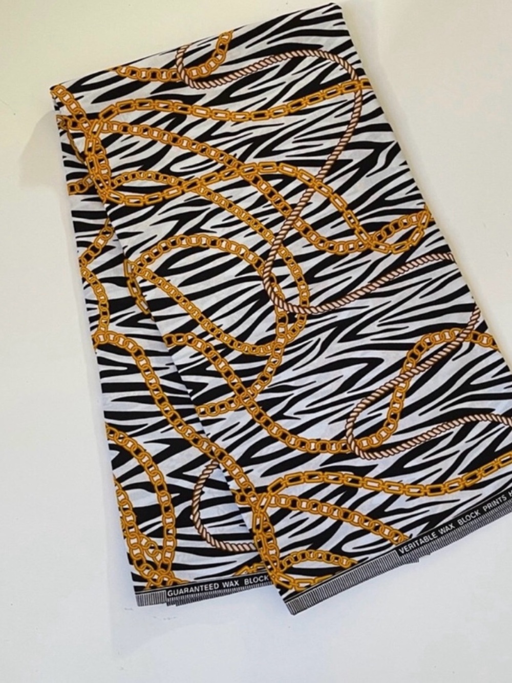 Black and White Zebra Print Fabric with Gold Chain Motif Cotton Fabric